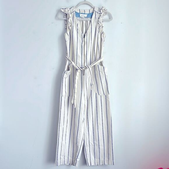 Anthropologie Hedda railroad striped ruffle zip up cropped jumpsuit sz 4 - Picture 1 of 9
